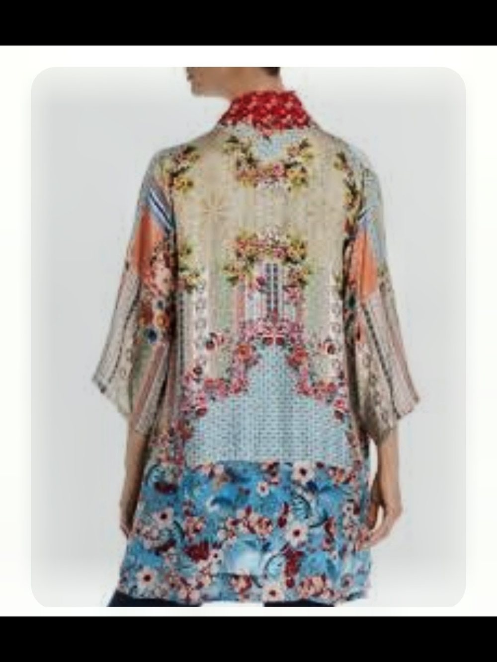 Johnny Was Floral Patchwork Kimono Cardigan in Red, Pink, Cream, Blue